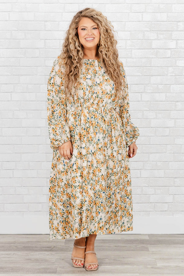 Chic Soul Plus size clothing, Ivory ankle length dress with long sleeves, high neck and yellow floral print.