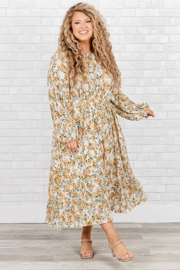 Chic Soul Plus size clothing, Ivory ankle length dress with long sleeves, high neck and yellow floral print.
