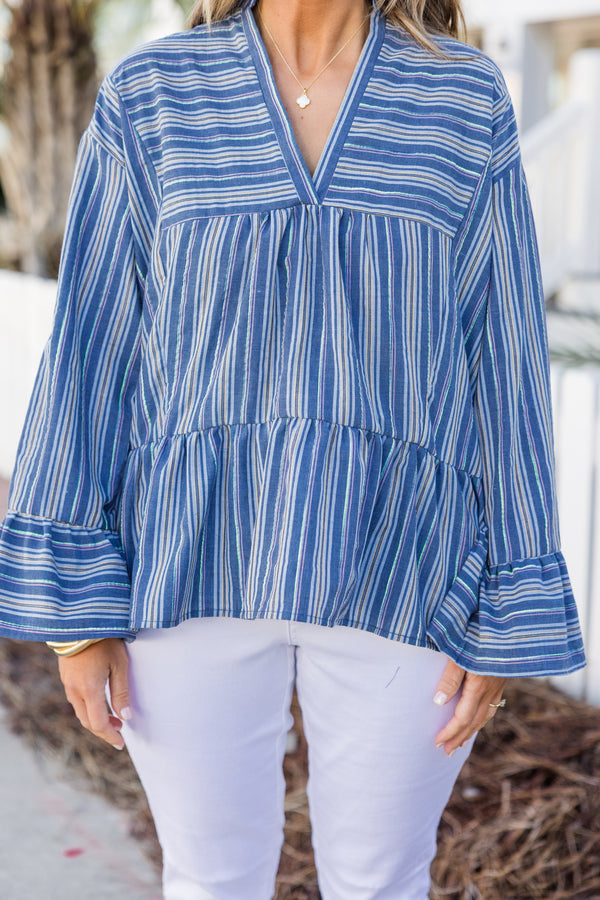 Chic Soul plus size clothing, long-balloon-sleeve blue pin stripe top with a v-neckline and ruffled detailing 