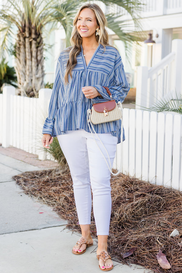 Chic Soul plus size clothing, long-balloon-sleeve blue pin stripe top with a v-neckline and ruffled detailing 