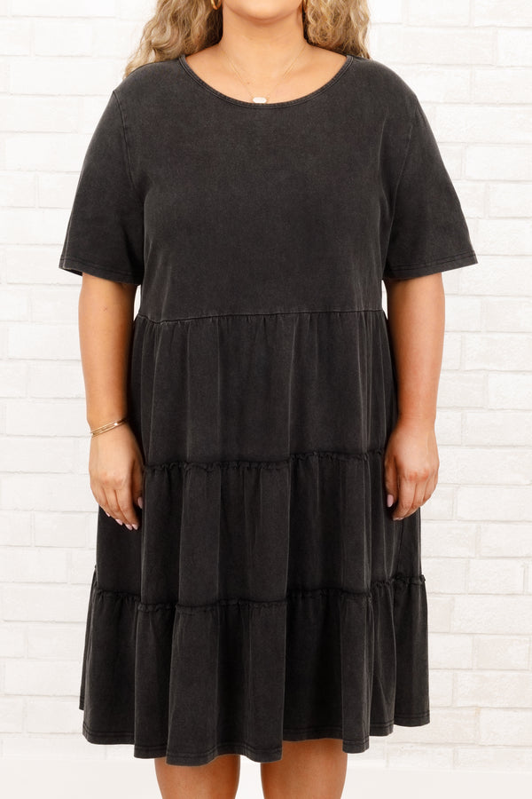 Chic Soul plus size clothing, flowy black short sleeve tiered dress with ruffle detailing