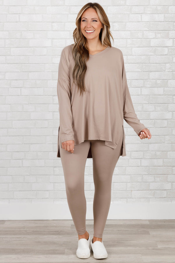 Chic Soul plus size clothing, ash mocha stretchy top and leggings lounge set