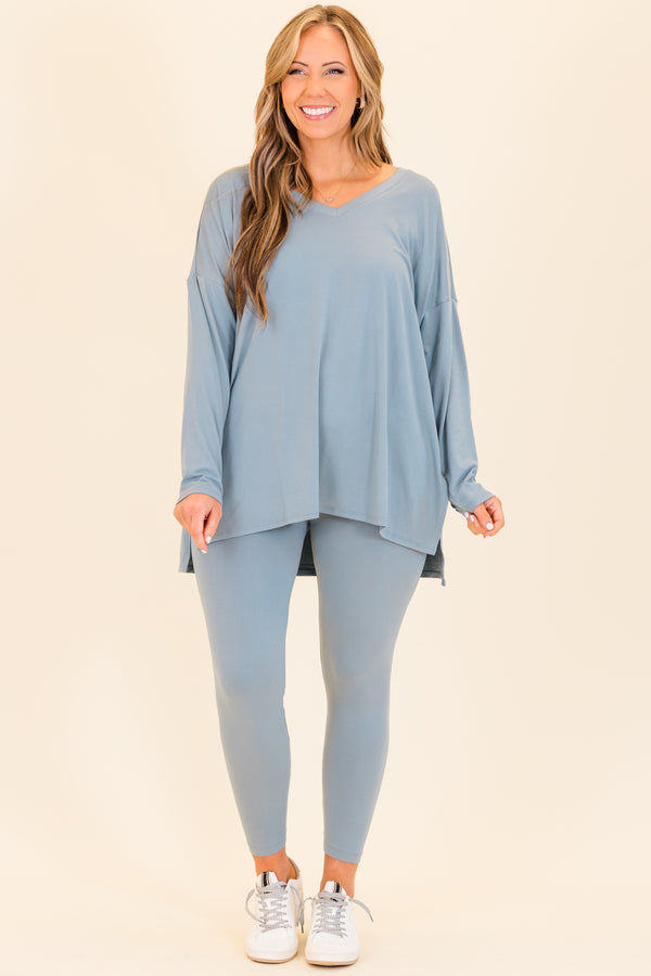 Chic Soul plus size clothing, long-sleeve blue grey matching top and leggings set with v-neckline