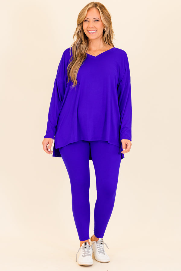Chic Soul plus size clothing, long-sleeve bright blue matching top and leggings set with v-neckline