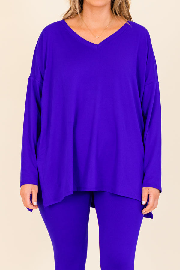 Chic Soul plus size clothing, long-sleeve bright blue matching top and leggings set with v-neckline