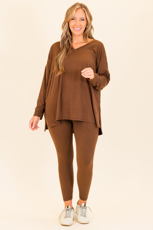 Chic Soul plus size clothing, long-sleeve brown matching top and leggings set with v-neckline