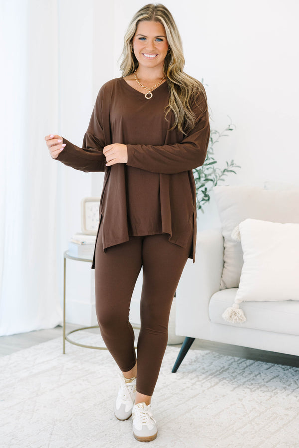 Plus Size chocolate brown lounge set with an oversized long sleeve v-neck top and matching leggings.