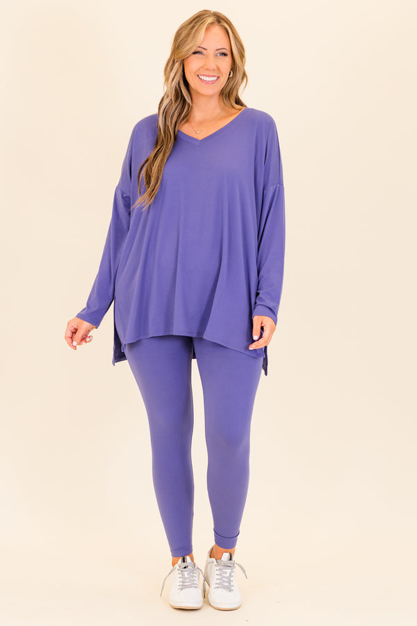 Chic Soul plus size clothing, long-sleeve marlin purple matching top and leggings set with v-neckline
