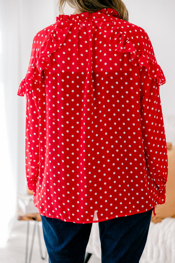 Chic Soul plus size clothing, red long sleeve button-up top with a white polka dot pattern and ruffle details on the shoulders end of sleeves and neckline 