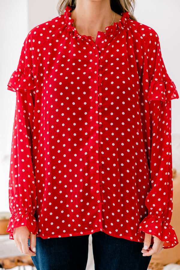 Chic Soul plus size clothing, red long sleeve button-up top with a white polka dot pattern and ruffle details on the shoulders end of sleeves and neckline 