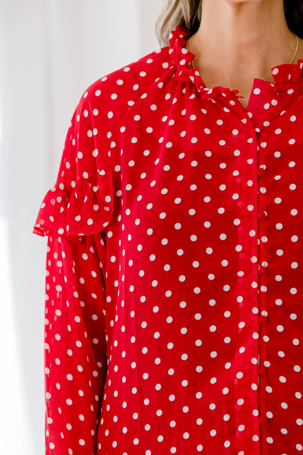 Chic Soul plus size clothing, red long sleeve button-up top with a white polka dot pattern and ruffle details on the shoulders end of sleeves and neckline 
