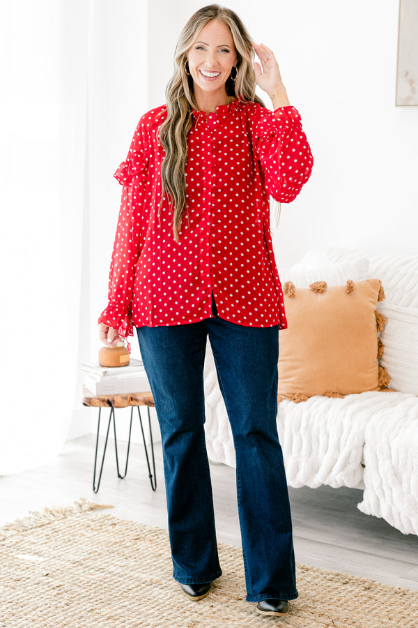 Chic Soul plus size clothing, red long sleeve button-up top with a white polka dot pattern and ruffle details on the shoulders end of sleeves and neckline 