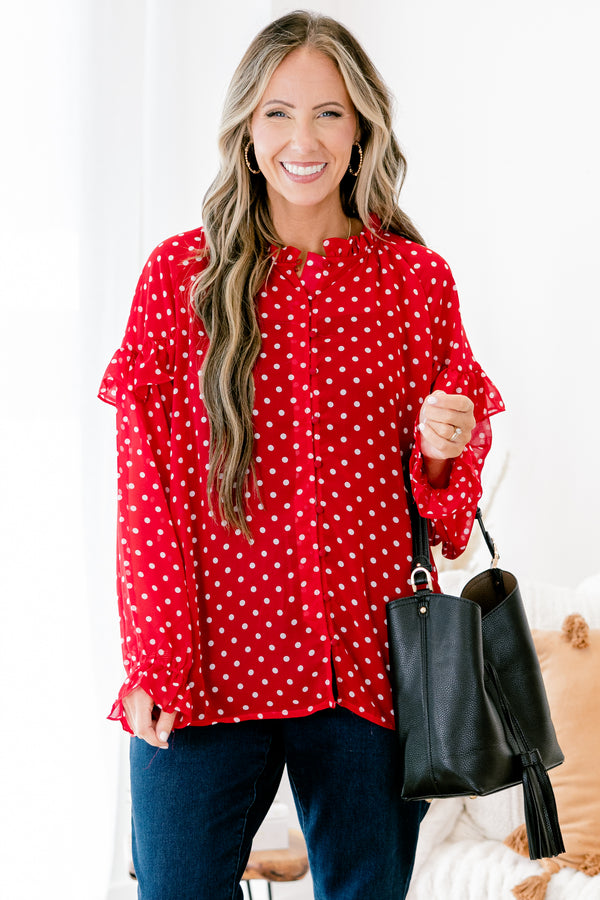 Chic Soul plus size clothing, red long sleeve button-up top with a white polka dot pattern and ruffle details on the shoulders end of sleeves and neckline 