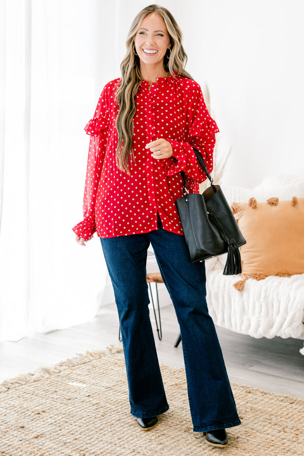 Chic Soul plus size clothing, red long sleeve button-up top with a white polka dot pattern and ruffle details on the shoulders end of sleeves and neckline 