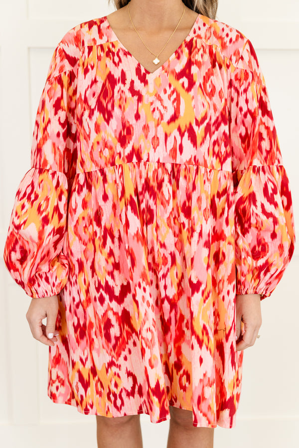Chic Soul plus size clothing, magenta abstract print long sleeve mini dress with tiered detail with cuff bubble sleeves and v neckline
