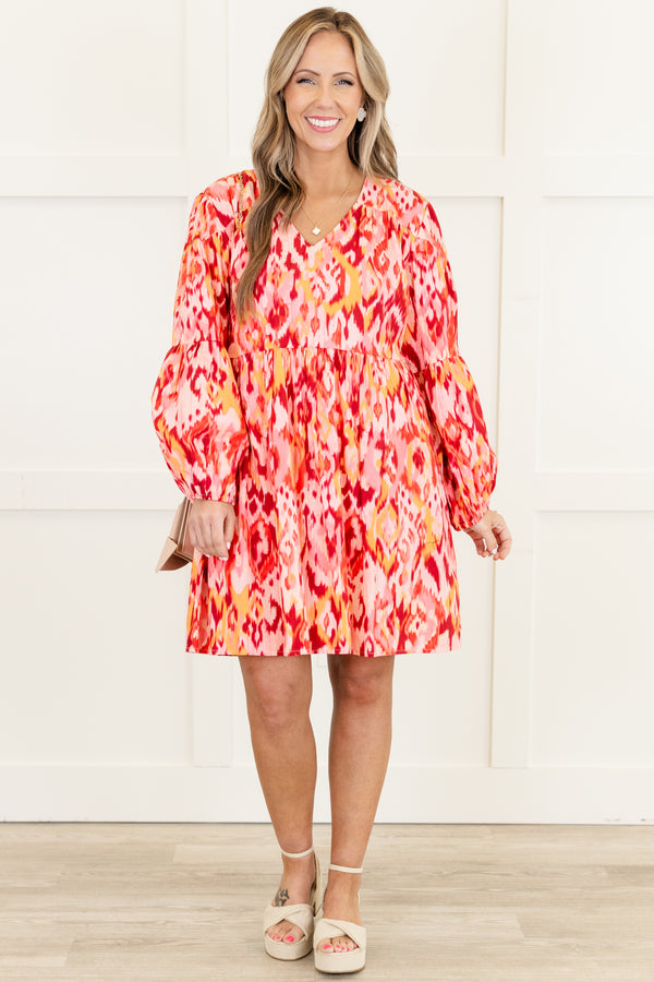 Chic Soul plus size clothing, magenta abstract print long sleeve mini dress with tiered detail with cuff bubble sleeves and v neckline