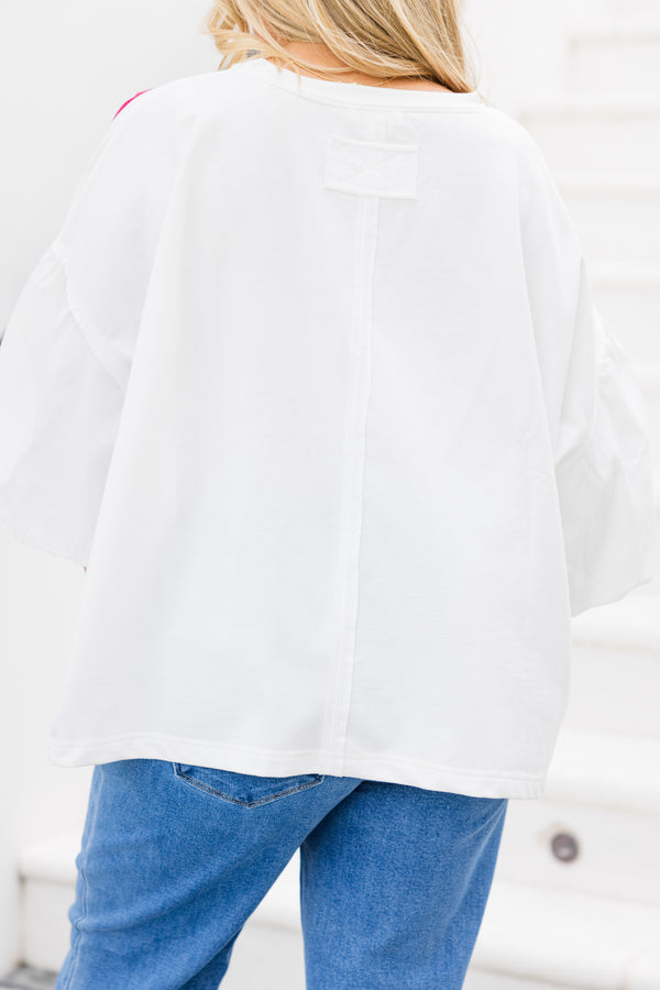 Chic Soul plus size clothing, off white elbow length sleeve top with round neckline with puff sleeves with large embroidered fabric floral detail in pink and green