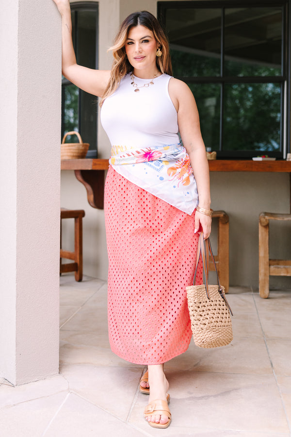 Plus Size coral eyelet midi skirt with an elastic waistband and a relaxed fit.