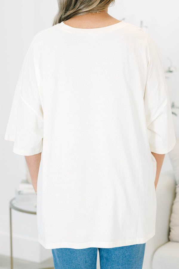 Plus Size ivory boyfriend tee with a Happy Halloweenie graphic featuring three costumed dachshunds.