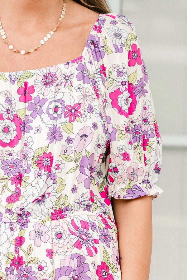 Chic Soul plus size clothing, lavender short sleeve midi dress with pink/lavender floral print with square neckline and puff sleeves
