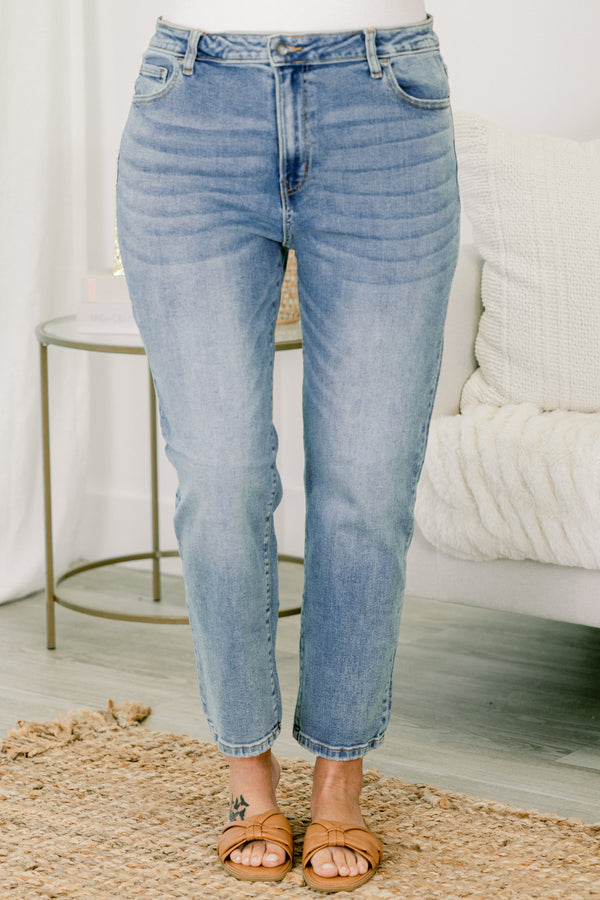 Chic Soul plus size clothing, medium wash straight leg jeans with front pockets 