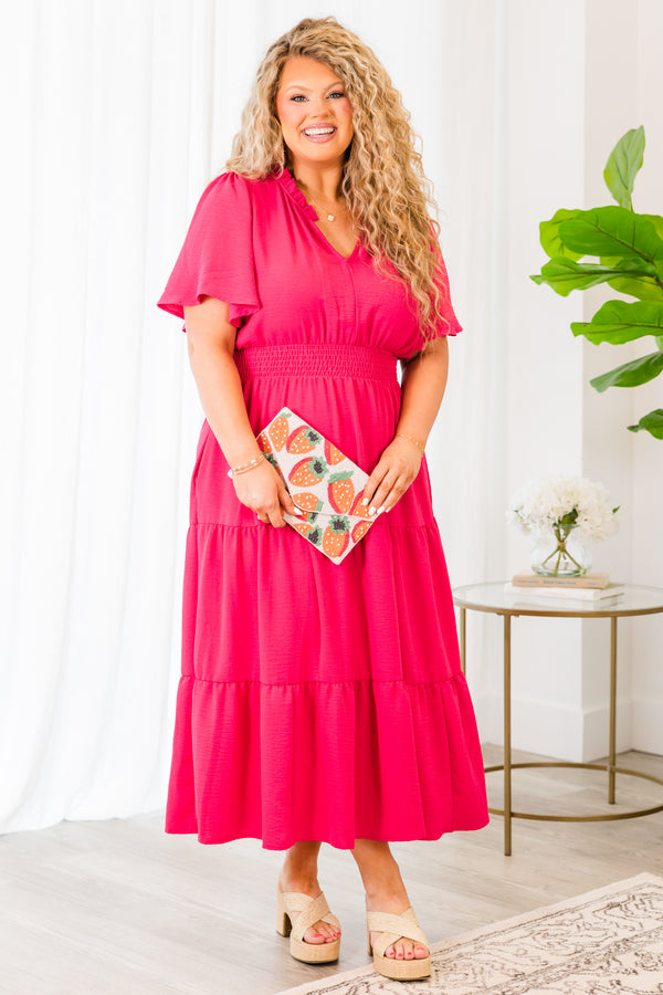 Chic Soul plus size clothing, fuchsia short sleeve midi dress with smocked waist