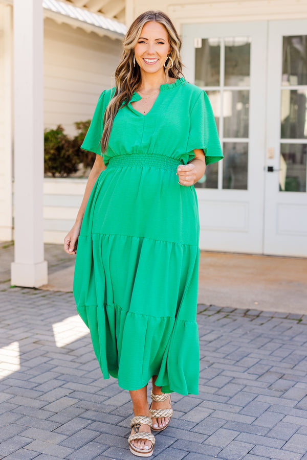 Chic Soul plus size clothing, green tiered flowy midi dress with cinched waistline and ruffle on neckline