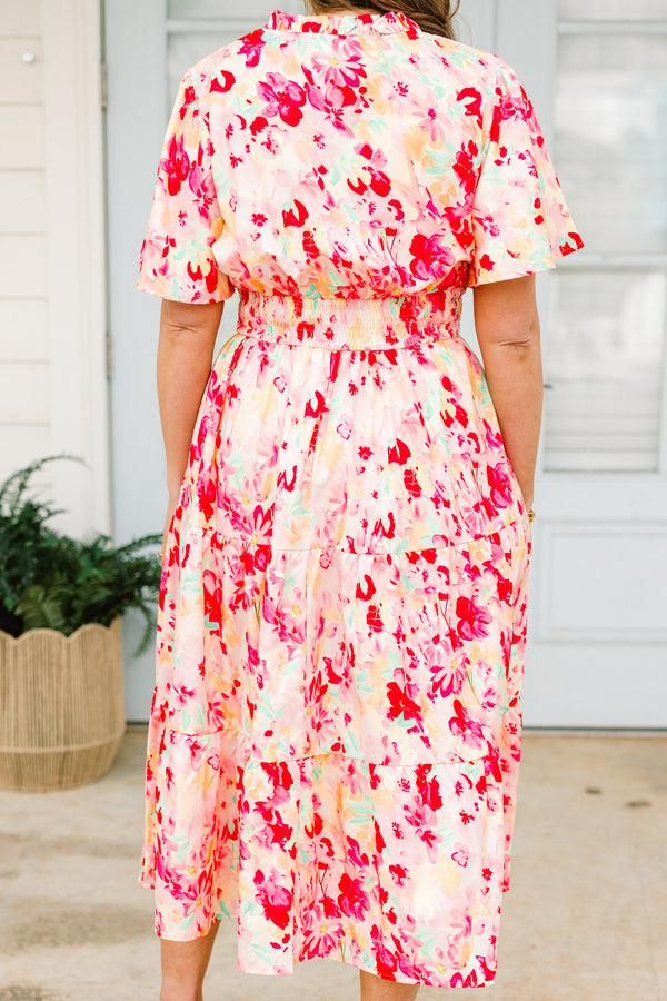Chic Soul plus size clothing, pink short sleeve tired midi dress with cinched waist detail with v cutout along neckline with puff sleeves and multi floral pattern