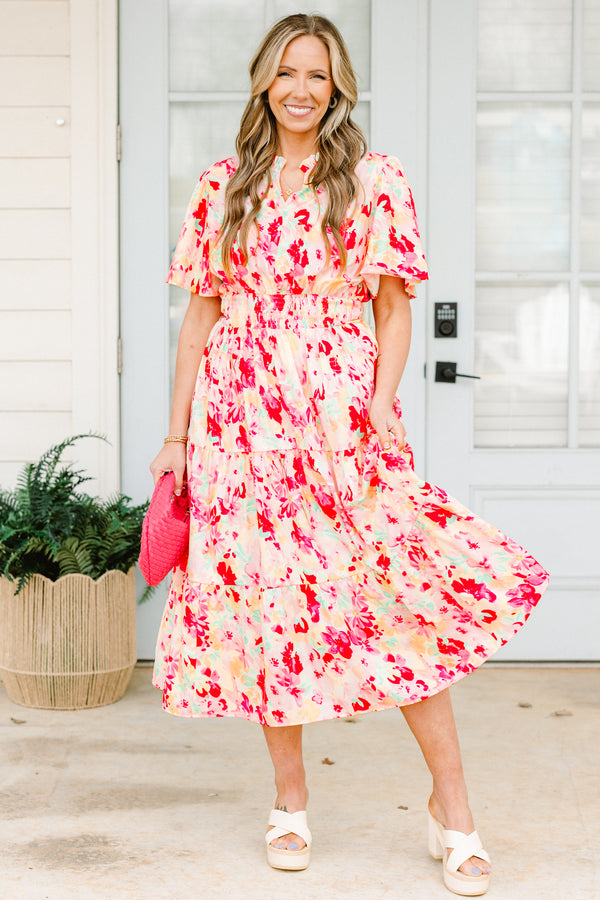 Chic Soul plus size clothing, pink short sleeve tired midi dress with cinched waist detail with v cutout along neckline with puff sleeves and multi floral pattern