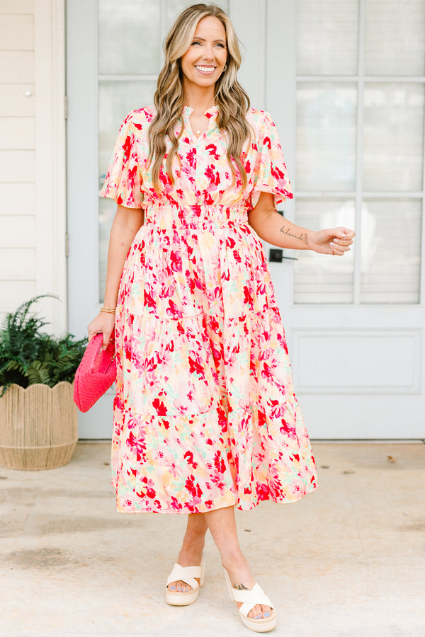 Chic Soul plus size clothing, pink short sleeve tired midi dress with cinched waist detail with v cutout along neckline with puff sleeves and multi floral pattern
