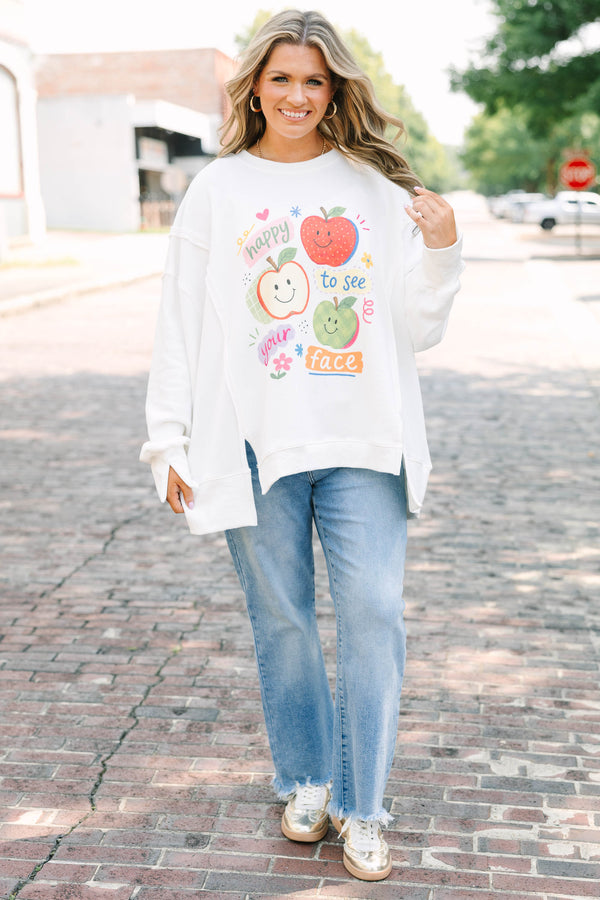 Plus size ivory comfy crew neck sweatshirt with apple graphic with 'Happy To See Your Face' saying 