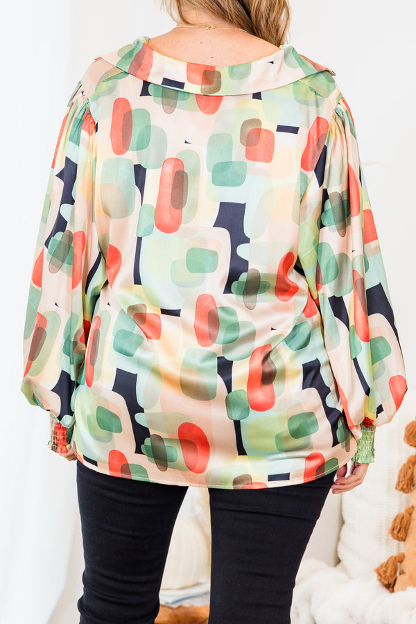 Chic Soul plus size clothing, orange multi abstract design long sleeve button up top with collar detail and smocked cuff sleeves