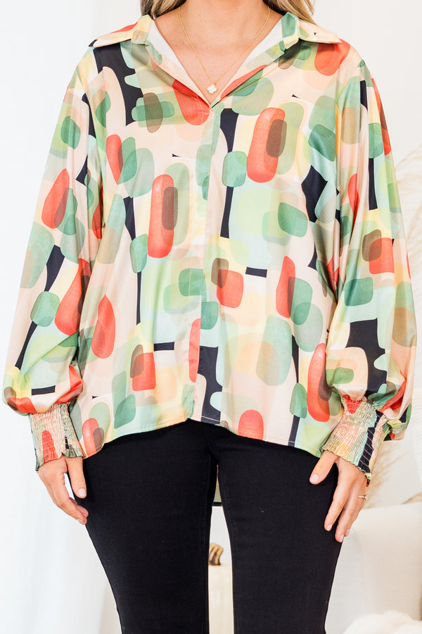 Chic Soul plus size clothing, orange multi abstract design long sleeve button up top with collar detail and smocked cuff sleeves