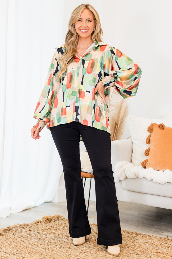 Chic Soul plus size clothing, orange multi abstract design long sleeve button up top with collar detail and smocked cuff sleeves