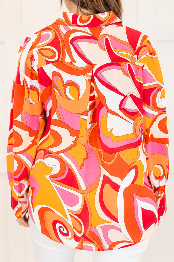 Chic Soul plus size clothing, long-sleeve red buttoned collared top with a groovy orange and white swirly abstract pattern 