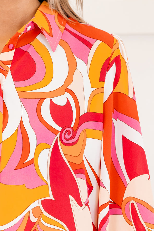 Chic Soul plus size clothing, long-sleeve red buttoned collared top with a groovy orange and white swirly abstract pattern 