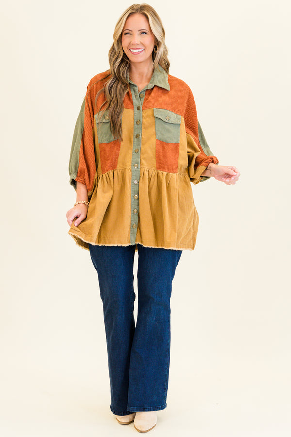 Chic Soul plus size clothing, bubble-quarter-sleeve rust mix buttoned collared corduroy rust mix baby doll top with distressed detailing along stitching and gold button details