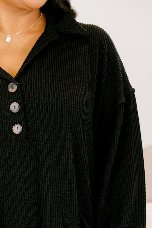 Chic Soul plus size clothing, blacked ribbed long sleeve short shirt dress with 3 buttons down the neckline and 2 front square pockets