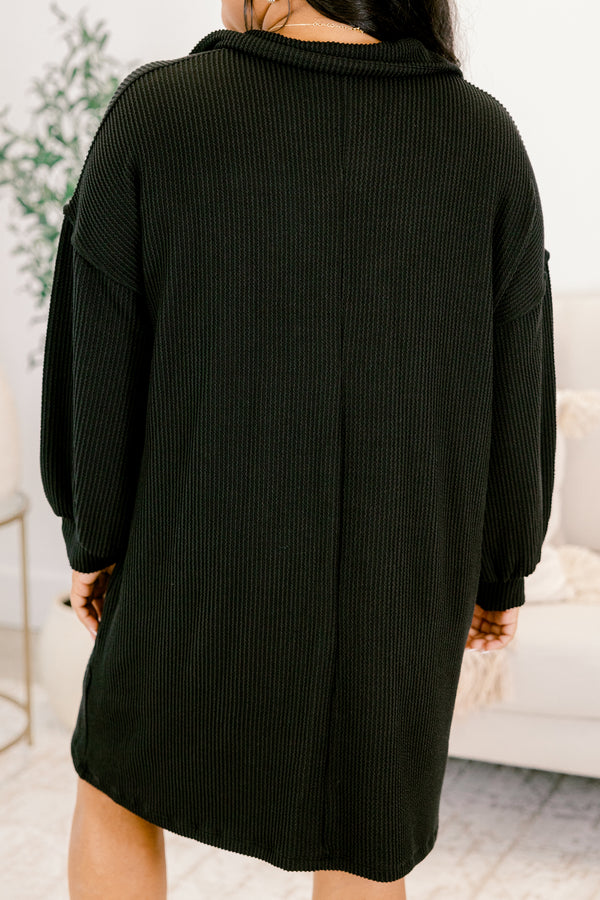 Chic Soul plus size clothing, blacked ribbed long sleeve short shirt dress with 3 buttons down the neckline and 2 front square pockets