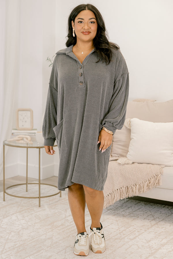 Chic Soul plus size clothing, charcoal ribbed long sleeve dress with collar and 1/4 button down front with wooden buttons and two front pockets