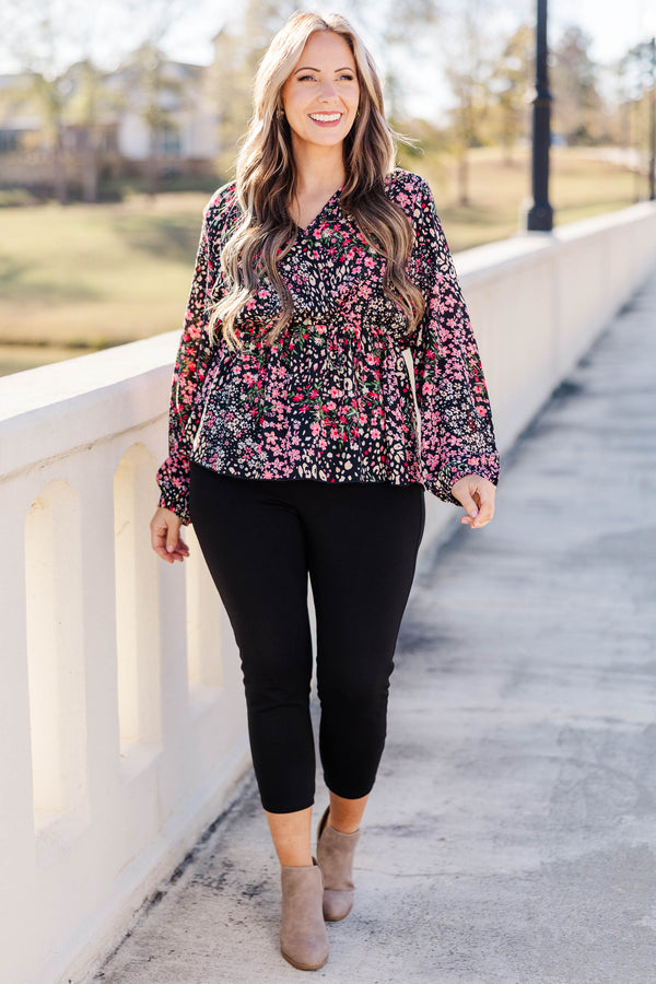 Chic Soul plus size clothing, black and pink multicolored floral flowy long sleeve top