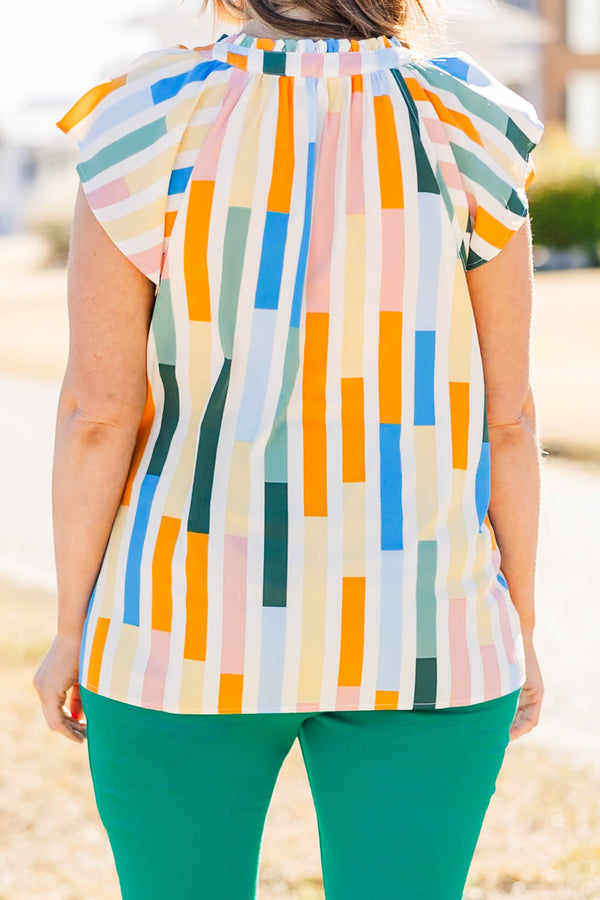 Chic Soul plus size clothing, orange block vertical stripe pattern top with v neck with ruffle along neckline and flare ruffle short sleeves