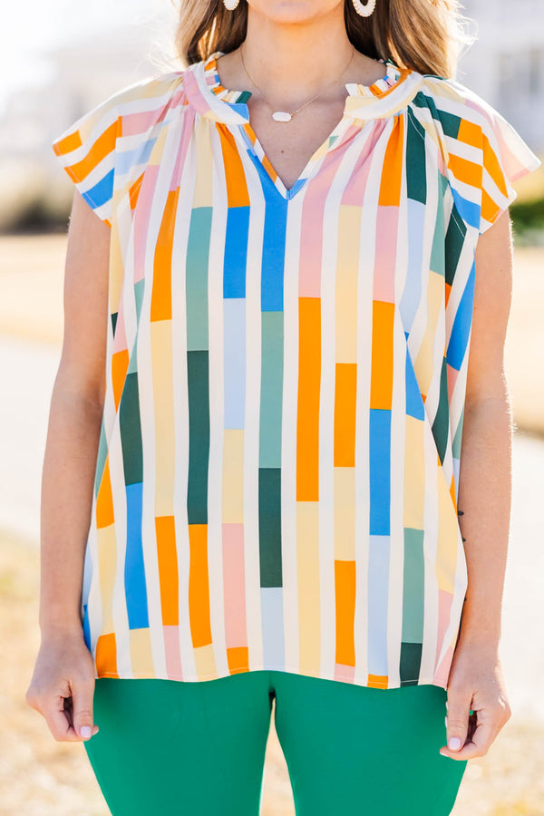 Chic Soul plus size clothing, orange block vertical stripe pattern top with v neck with ruffle along neckline and flare ruffle short sleeves