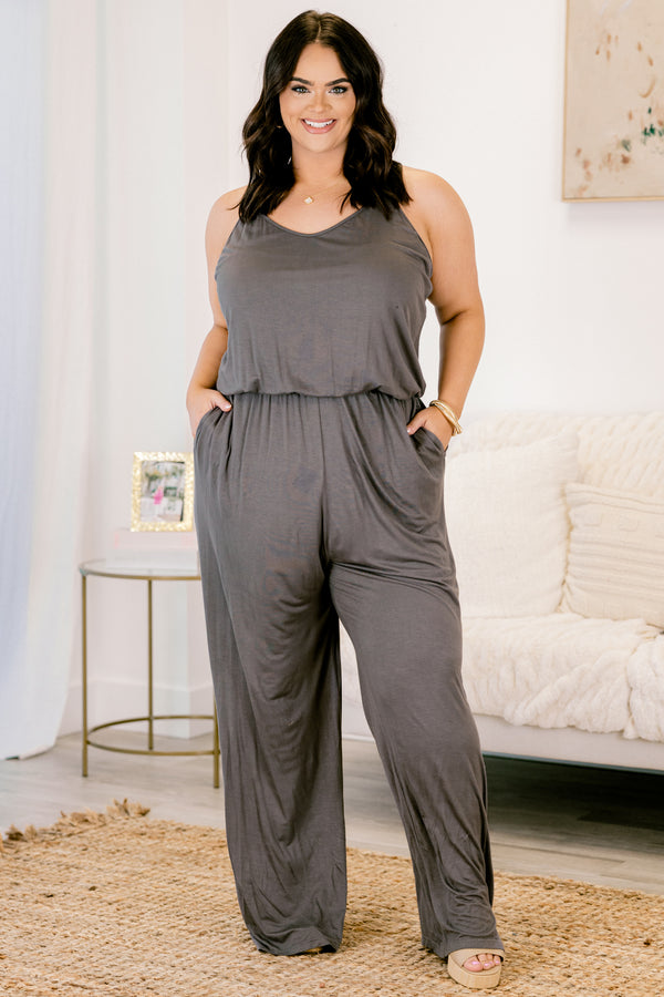 Chic Soul plus size clothing, charcoal gray shallow v-neck spaghetti strap jumpsuit with cinched waist and pockets