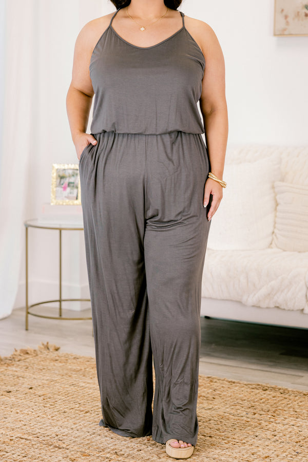 Chic Soul plus size clothing, charcoal gray shallow v-neck spaghetti strap jumpsuit with cinched waist and pockets