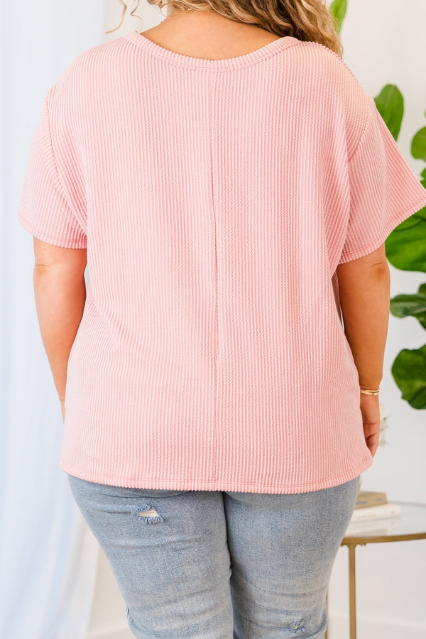 Chic Soul plus size clothing, blush ribbed short sleeve top with round neckline with chest pocket