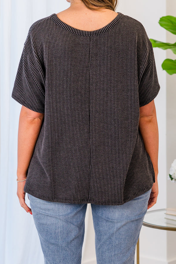 Chic Soul plus size clothing, short sleeve charcoal top with pocket and ribbed material