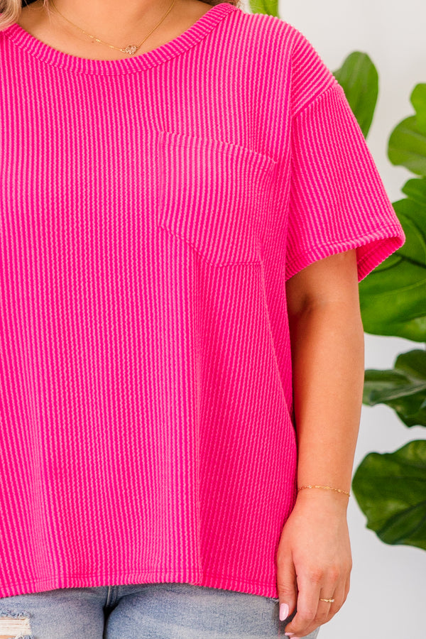 Chic Soul plus size clothing, short sleeve hot pink top with ribbed details and pocket
