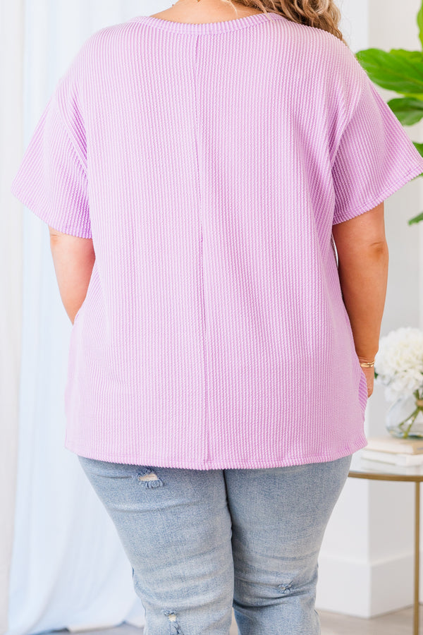 Chic Soul plus size clothing, short sleeve lilac top with pocket and ribbed detailing