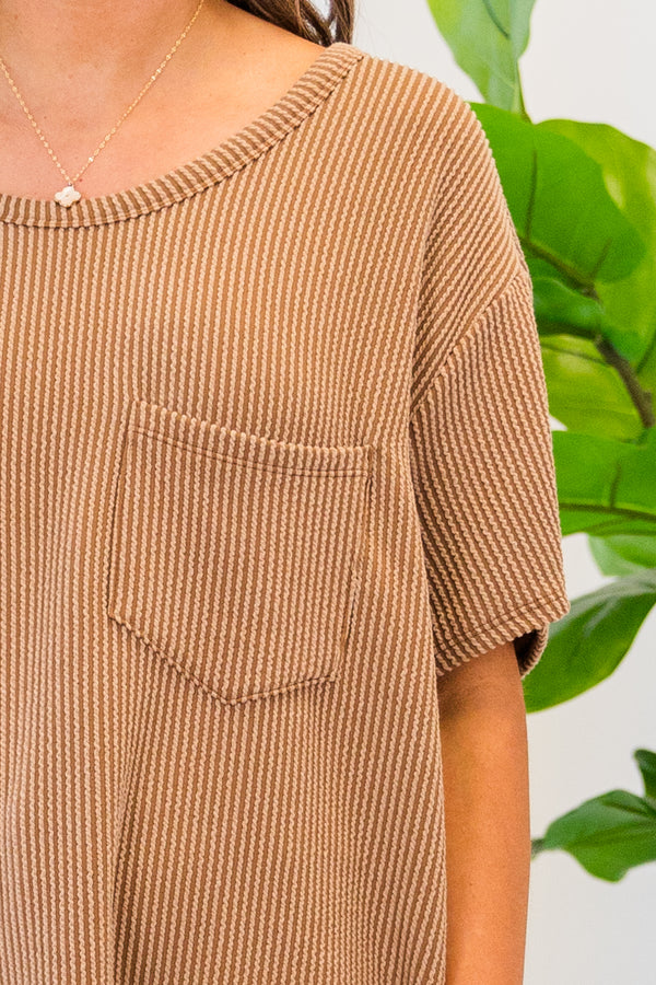 Chic Soul plus size clothing, short sleeve mocha top with patch pocket and scoop-neckline with ribbed material detailing